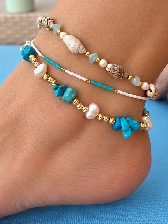 SC JEWELRY Jewelry - Last Set 🔥 Turquoise and Gold Beaded Anklet Set 3 Pc Set Summer Beach